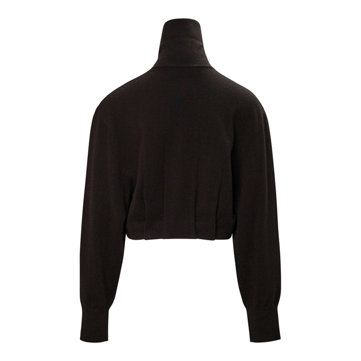 Dries Van Noten Contrast Trim Cardigan in dark brown with a teal ribbed button placket and high funnel neck, cropped silhouette with long sleeves - view 2