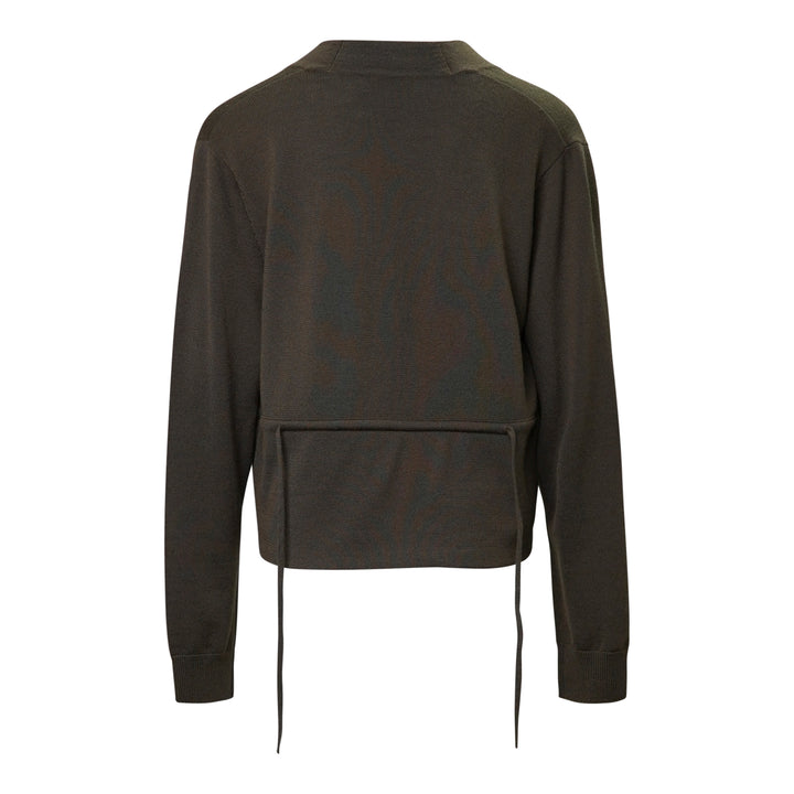 Dries Van Noten Back Tie Cardigan in olive brown, featuring draped overlapping front panels, a single-button fastening with tassel, and a cropped fine-gauge knit silhouette - view 2