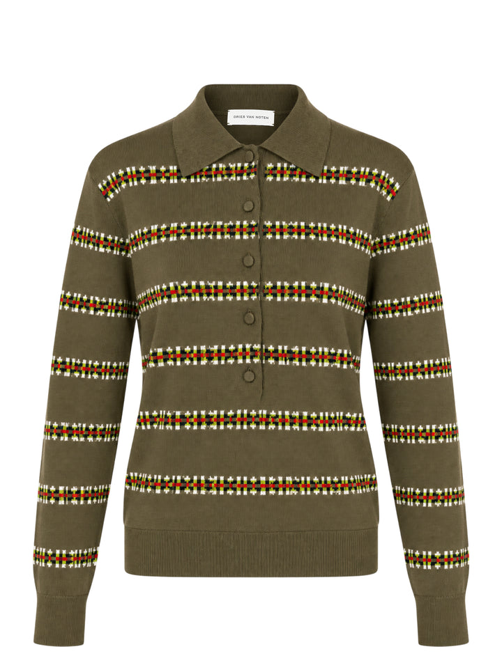 Dries Van Noten olive green long sleeve knit polo with multicolour jacquard stripes and fabric-covered buttons