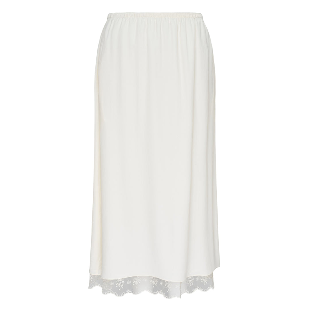 Simone Rocha ivory crepe negligee midi skirt with elasticated waist and floral embroidered lace scalloped hem trim, flat lay on white background