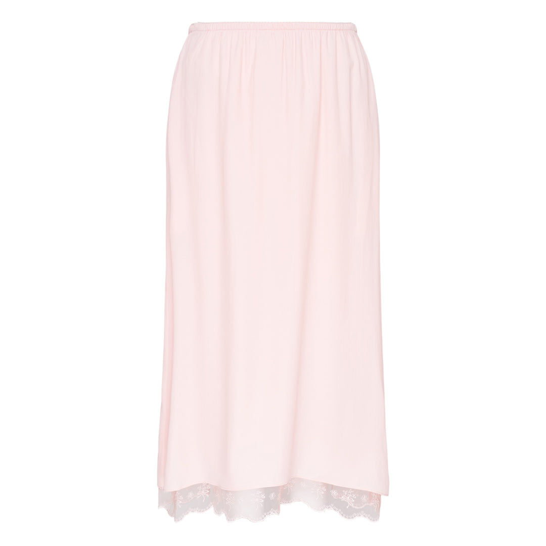 Simone Rocha ivory crepe negligee midi skirt with elasticated waist and floral embroidered lace scalloped hem trim, flat lay on white background