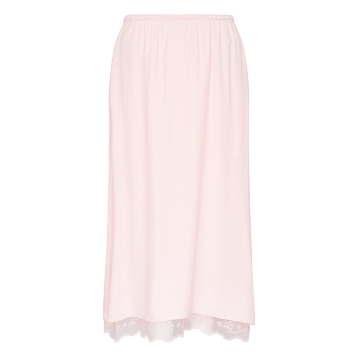 Simone Rocha ivory crepe negligee midi skirt with elasticated waist and floral embroidered lace scalloped hem trim, flat lay on white background