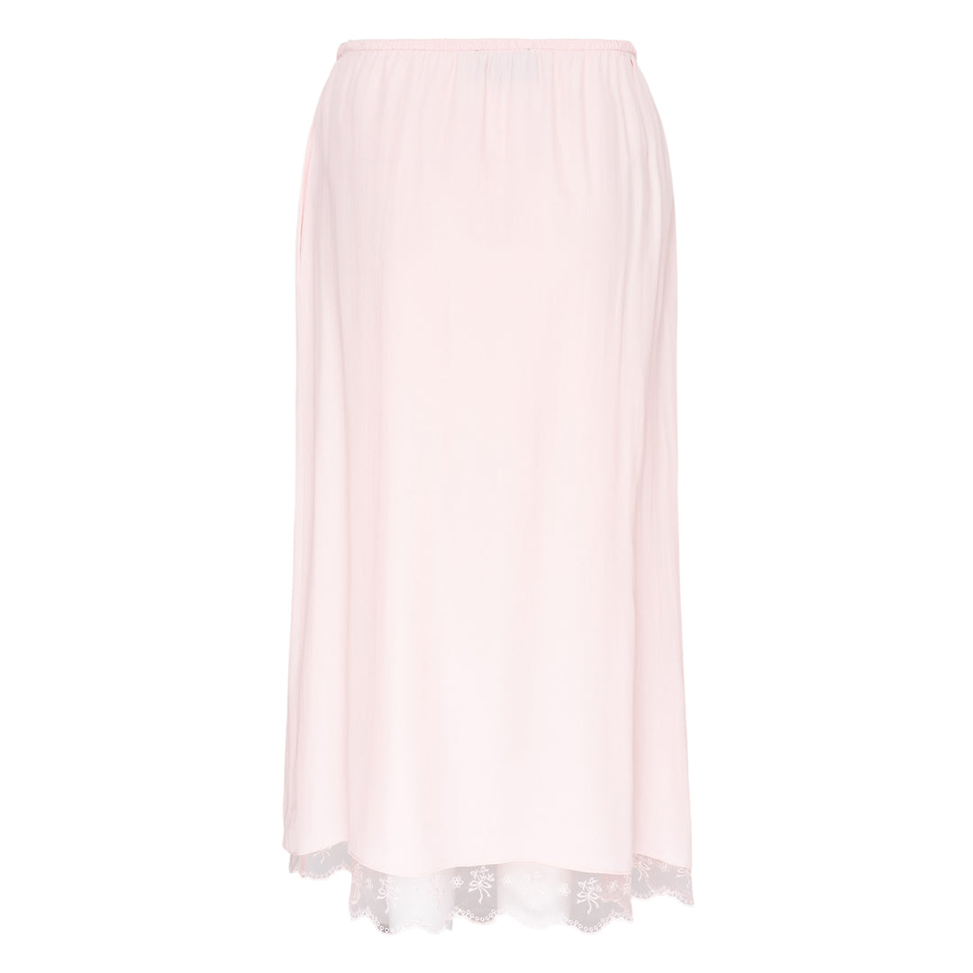 Simone Rocha ivory crepe negligee midi skirt with elasticated waist and floral embroidered lace scalloped hem trim, flat lay on white background