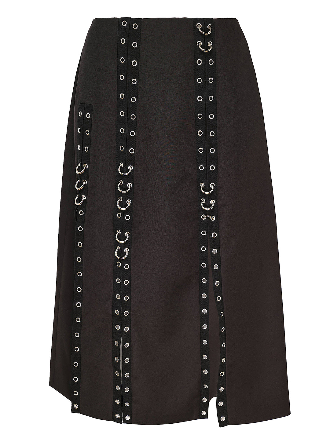 Simone Rocha black midi skirt with vertical grommet-trimmed straps, silver ring hardware and front slits