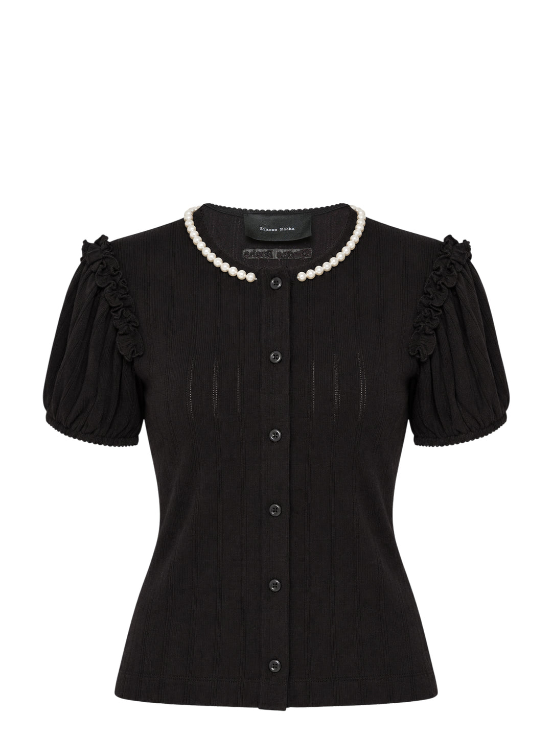 Simone Rocha black pointelle knit cardigan with pearl-trimmed neckline, ruffled puff sleeves and button front