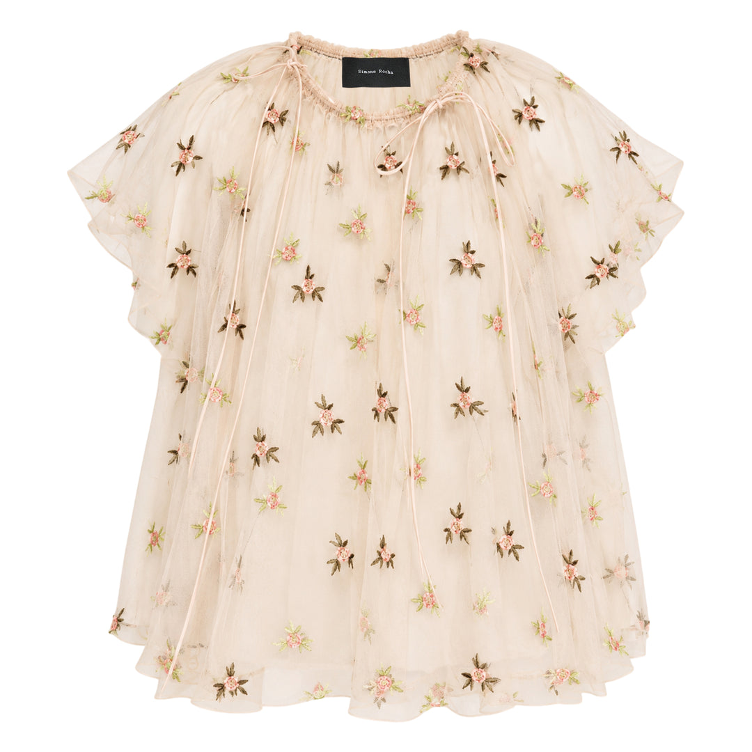 Gathered Cord Rosebud Embroidered Top