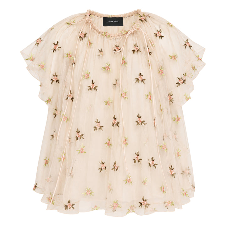 Gathered Cord Rosebud Embroidered Top