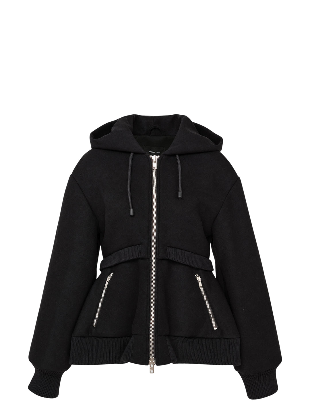 Simone Rocha black hooded zip jacket with cinched waist, ribbed double hem, drawcord hood and zip pockets