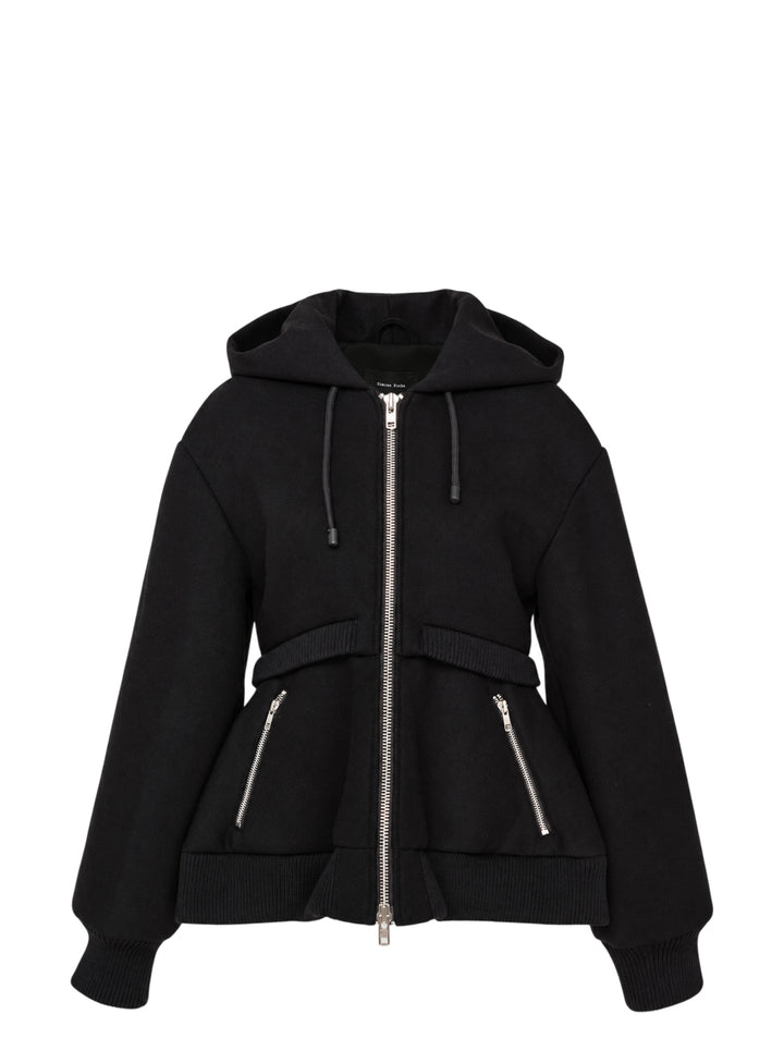 Simone Rocha black hooded zip jacket with cinched waist, ribbed double hem, drawcord hood and zip pockets