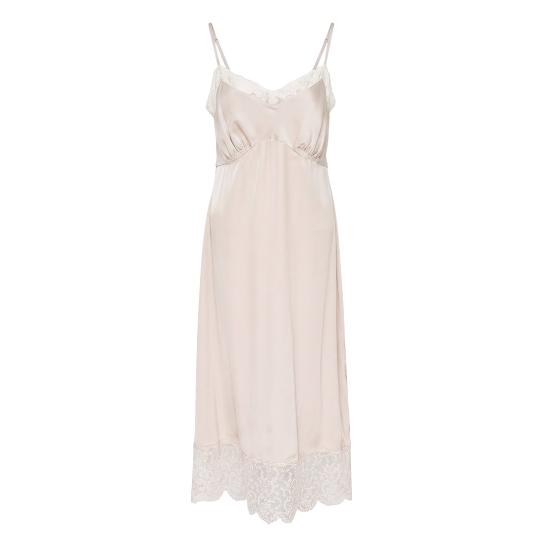 Simone Rocha champagne satin slip dress with floral lace trim at V-neckline and hem, adjustable spaghetti straps and gathered empire seam, midi length on white background