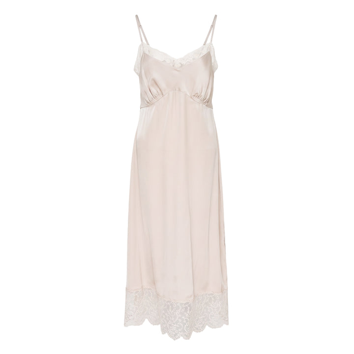Simone Rocha champagne satin slip dress with floral lace trim at V-neckline and hem, adjustable spaghetti straps and gathered empire seam, midi length on white background