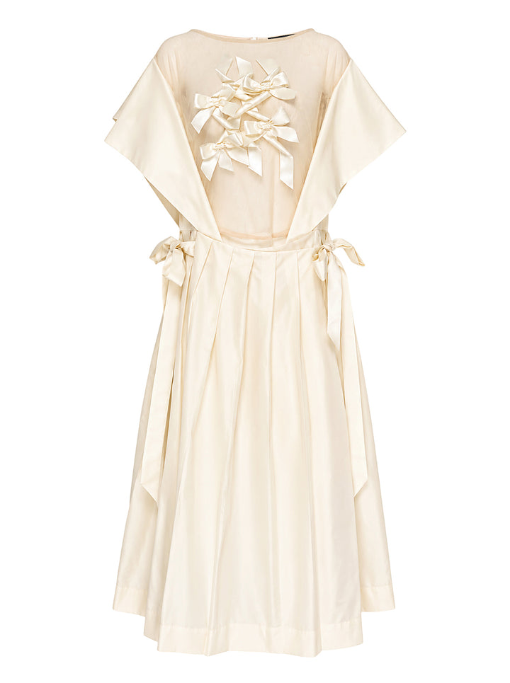 Simone Rocha cream pleated midi dress with sheer tulle bodice, satin bow appliqués at the chest and side waist ties