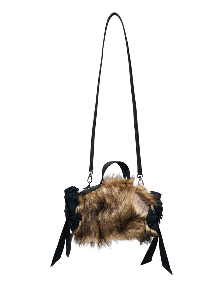 Simone Rocha mini faux fur handbag with black ruched ribbon trim, top handle and long detachable crossbody strap
