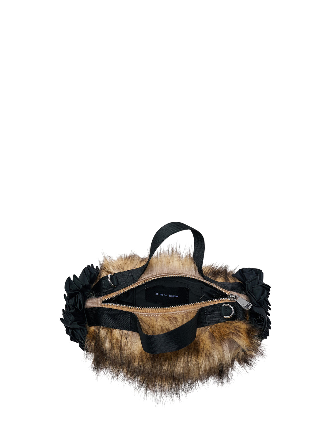 Simone Rocha mini faux fur handbag with black ruched ribbon trim, top handle and long detachable crossbody strap - view 3