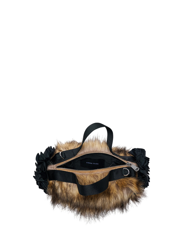 Simone Rocha mini faux fur handbag with black ruched ribbon trim, top handle and long detachable crossbody strap - view 3