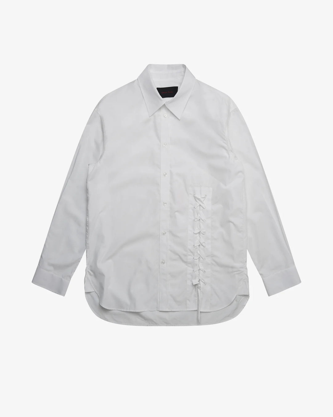 Simone Rocha white cotton Lace Up Hem Easy Shirt with pointed collar, button-through front and corset-style lace-up panel at the hem