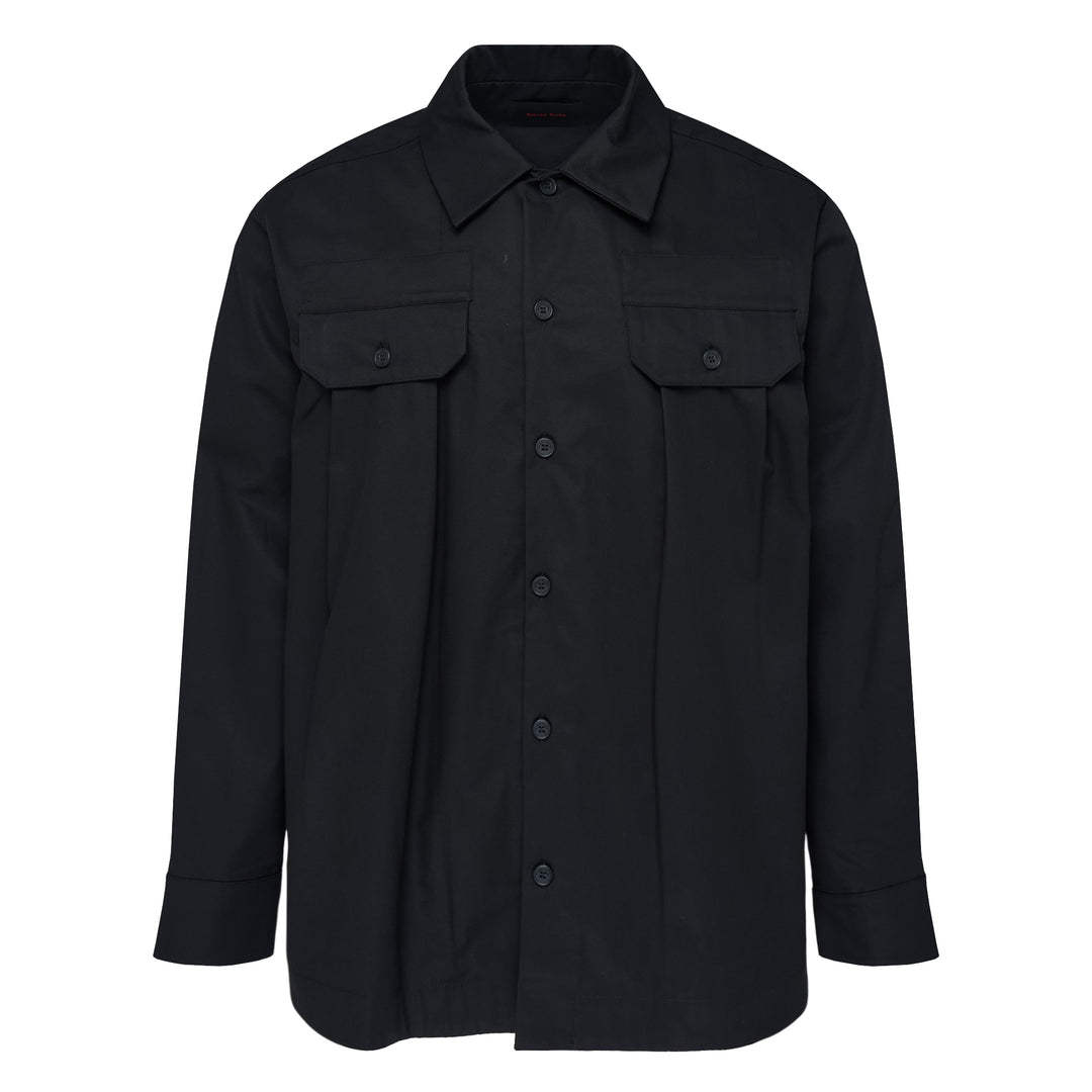 Simone Rocha black cotton twill military overshirt, front view, featuring dual flap chest pockets, tonal button-front closure, and a relaxed oversized silhouette