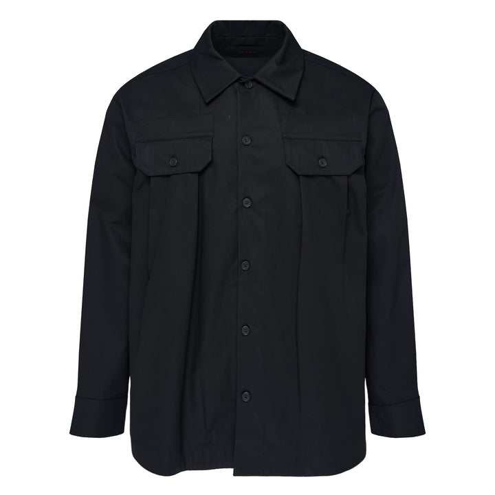 Simone Rocha black cotton twill military overshirt, front view, featuring dual flap chest pockets, tonal button-front closure, and a relaxed oversized silhouette