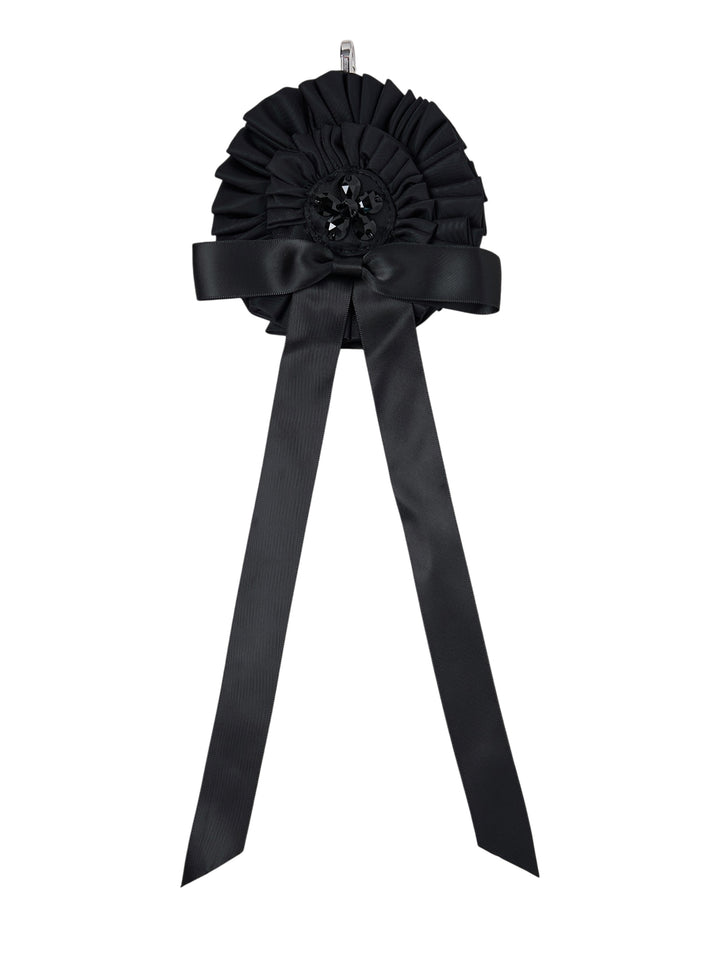 Simone Rocha black ribbon rosette bag charm with pleated ruffles, crystal floral centre, satin bow and long ribbon tails