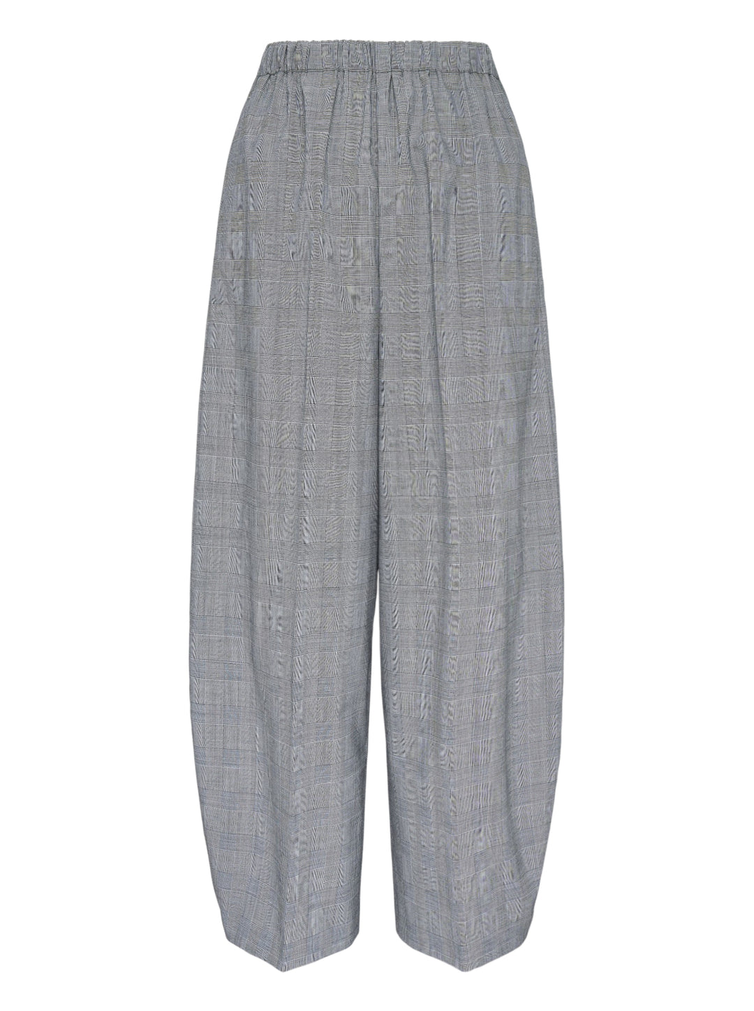 Enfold Checked Cocoon Pants in grey glen plaid with elasticated waistband, exaggerated wide-leg silhouette, and tapered hem — front view on white background