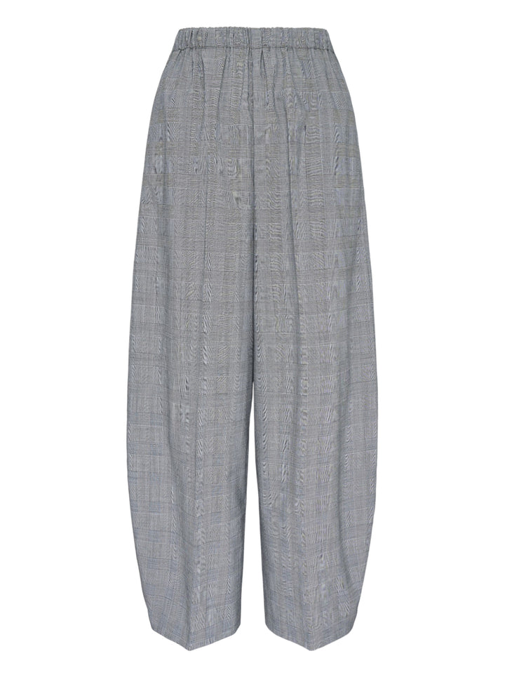Enfold Checked Cocoon Pants in grey glen plaid with elasticated waistband, exaggerated wide-leg silhouette, and tapered hem — front view on white background