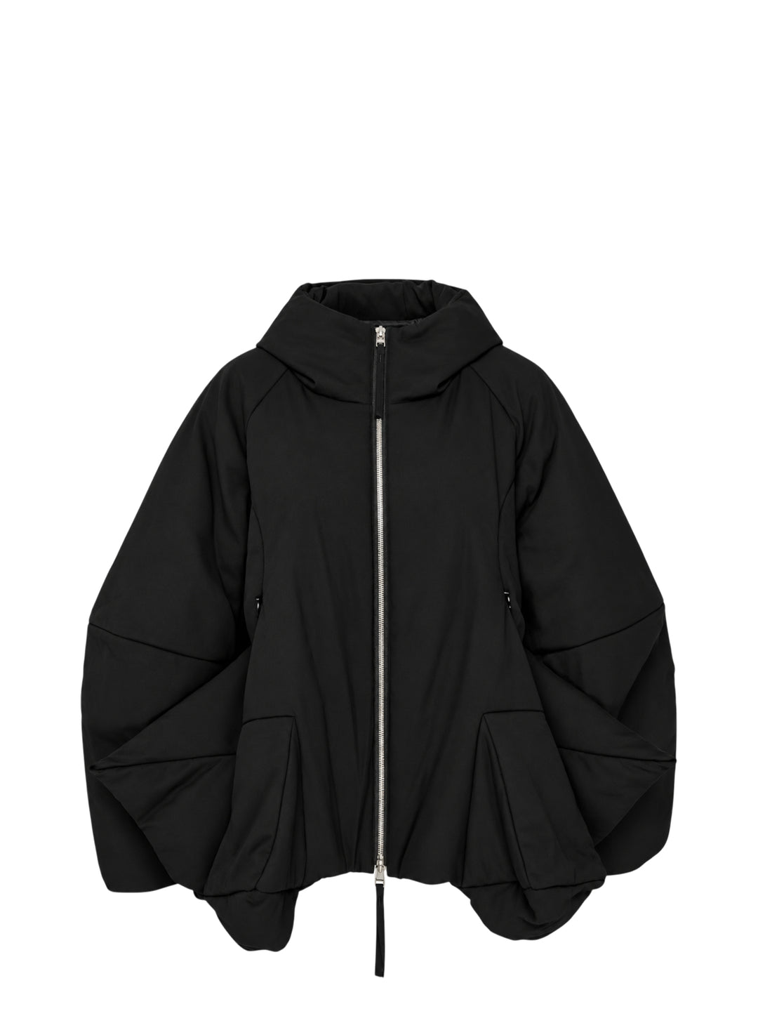 Enfold 3D Hem Hooded Coat in black, featuring a voluminous balloon hem, padded sculptural sleeves, full-length silver zip closure, and attached hood, displayed flat on a white background