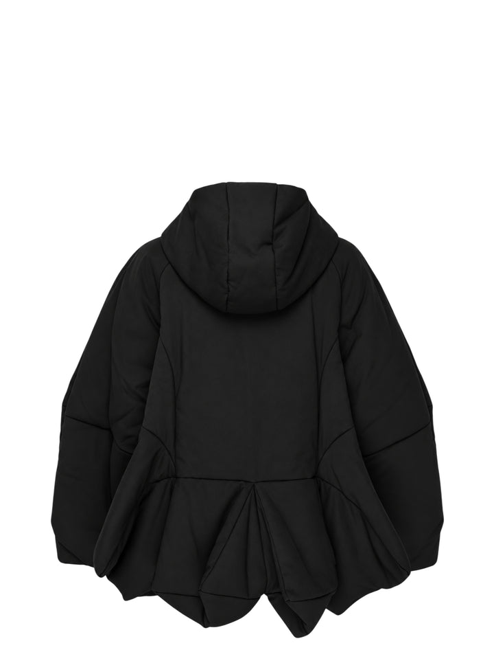 Enfold 3D Hem Hooded Coat in black, featuring a voluminous balloon hem, padded sculptural sleeves, full-length silver zip closure, and attached hood, displayed flat on a white background - view 2