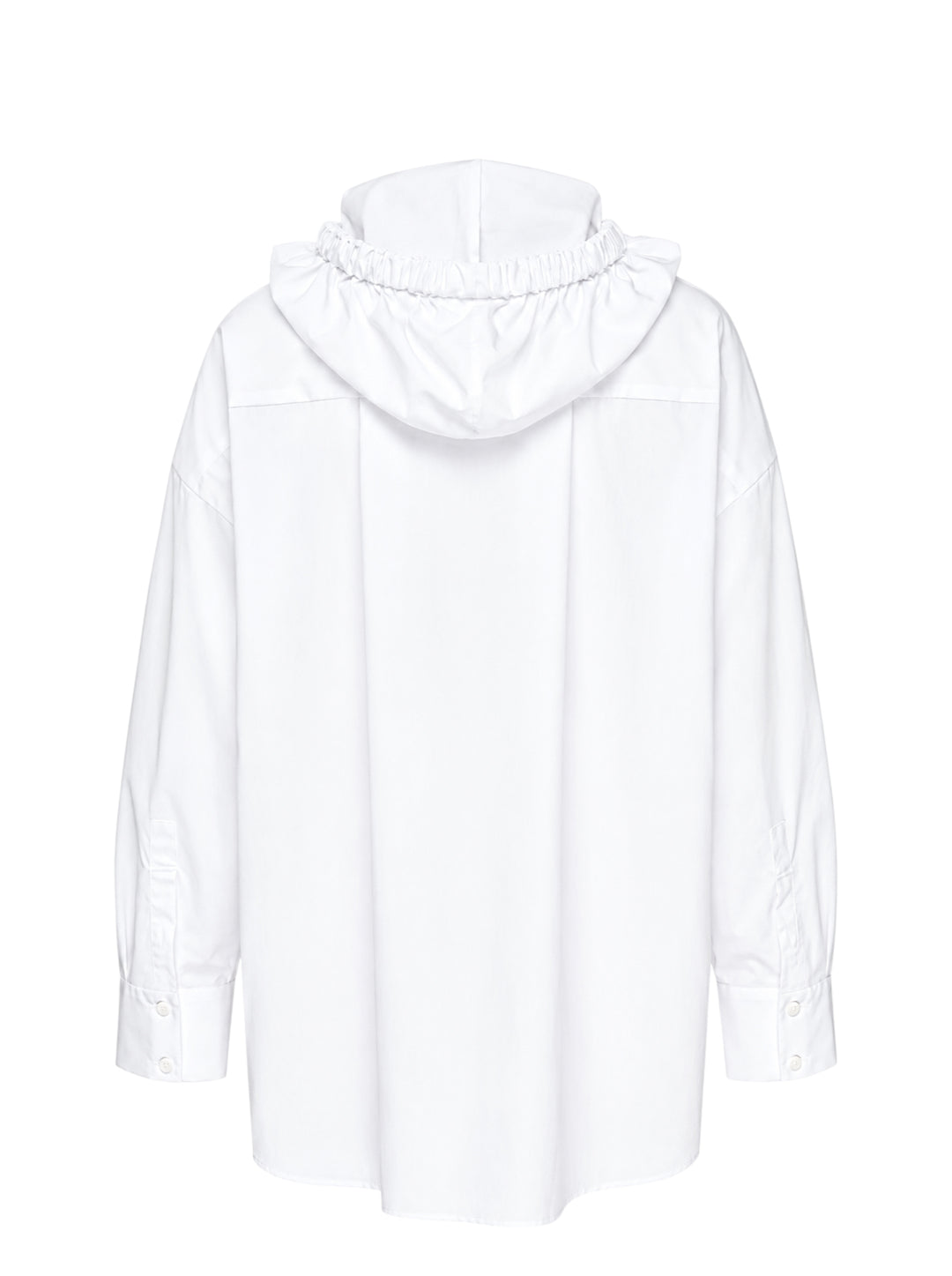 Enfold white oversized hooded button-up shirt with elasticated gathered hood, tonal buttons, long drawstring ties, and a single chest patch pocket - view 2