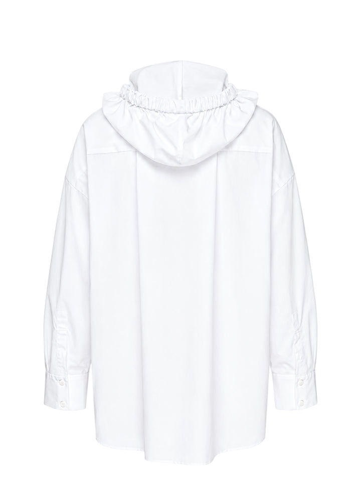 Enfold white oversized hooded button-up shirt with elasticated gathered hood, tonal buttons, long drawstring ties, and a single chest patch pocket - view 2