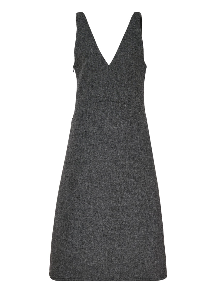 Enfold Sculpted Hem Dress in dark grey heathered wool-blend, featuring a deep V-neckline, broad shoulder straps, empire seam, and A-line silhouette with a flared hem — flat lay on white background