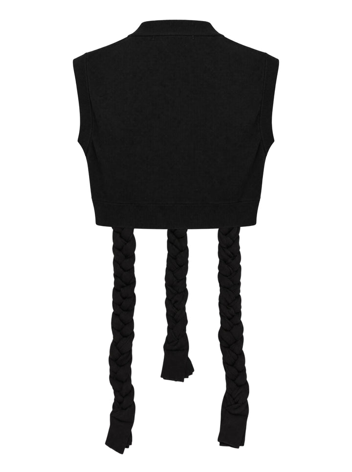 Enfold black ribbed knit cropped sleeveless vest with three braided fabric rope extensions hanging from the deconstructed hem, displayed flat on a white background - view 2