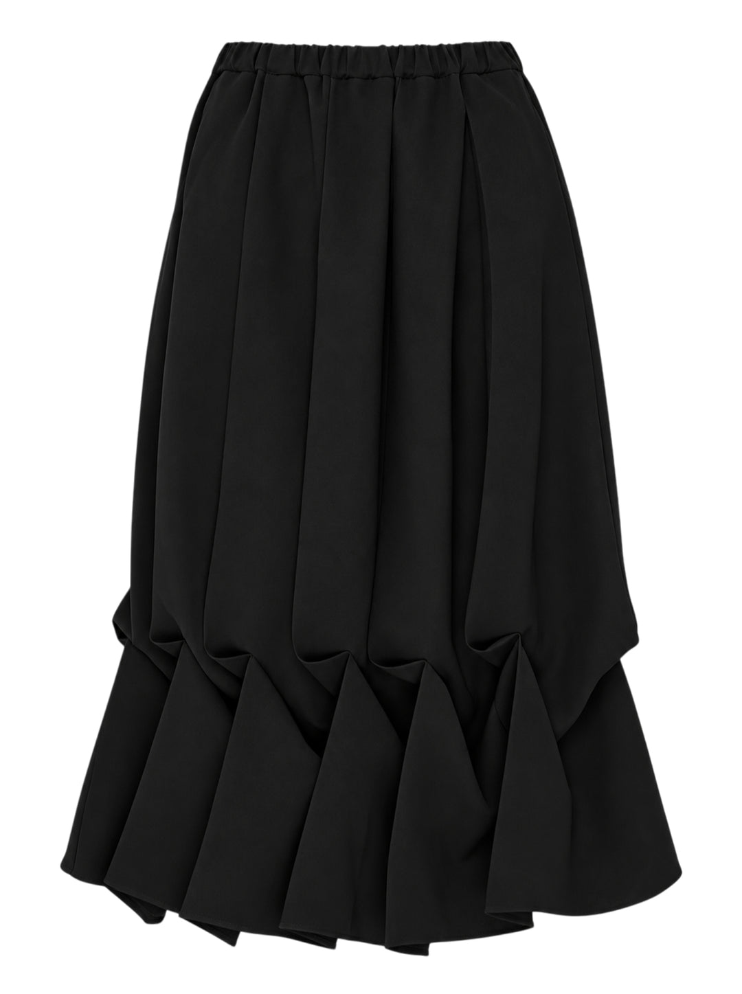 Enfold Draped Hem Midi Skirt in black, featuring vertical pleating, elasticated waistband, and a sculptural gathered ruffle hem, shown on a white background