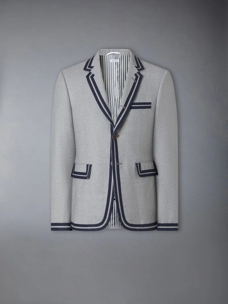 Thom Browne grey single-breasted blazer with navy and grey cricket stripe trim and striped lining