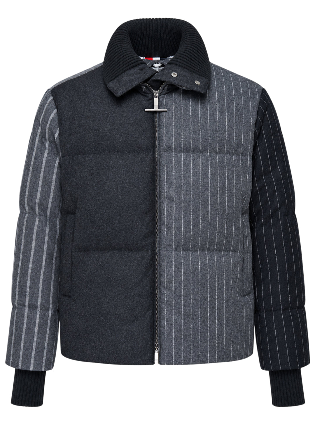 Thom Browne down-filled zip front puffer jacket in patchwork grey flannel and pinstripe with black ribbed knit collar and cuffs