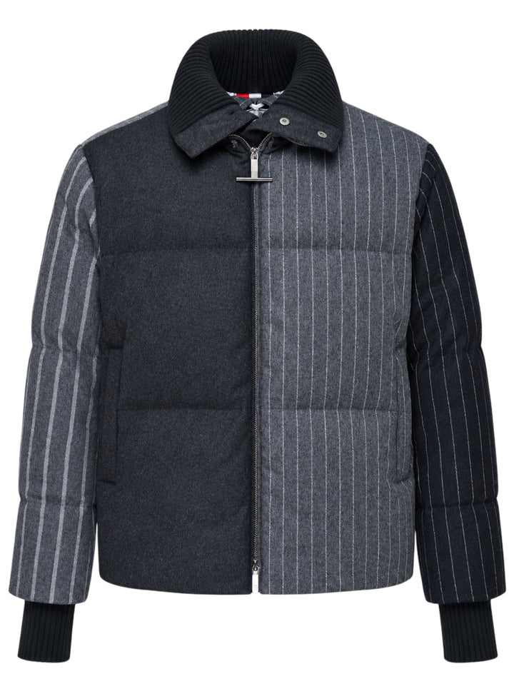 Thom Browne down-filled zip front puffer jacket in patchwork grey flannel and pinstripe with black ribbed knit collar and cuffs