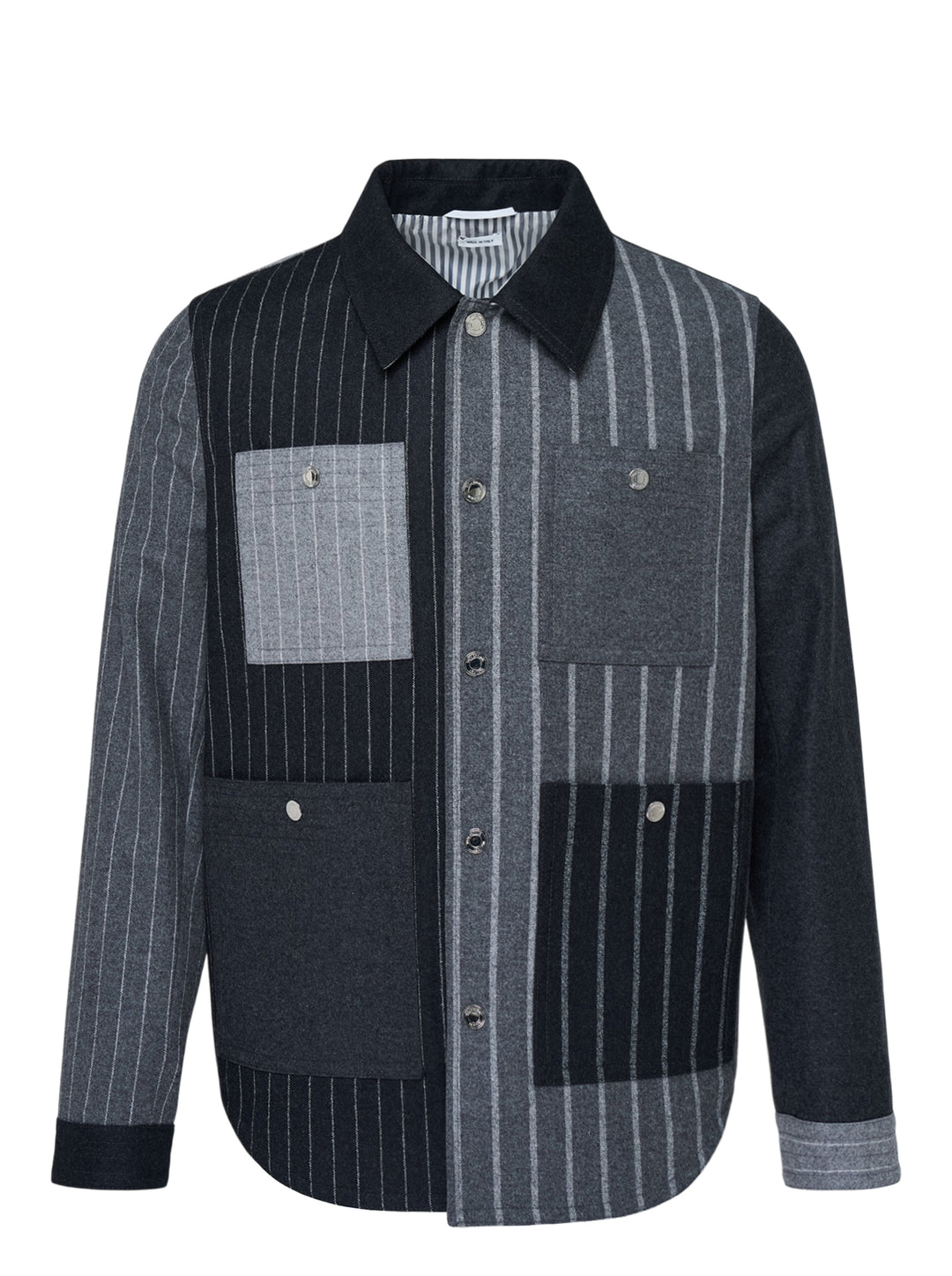 Thom Browne Funmix utility jacket in mixed grey and charcoal pinstripe with contrast patch pockets and snap button front