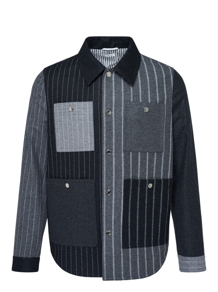 Thom Browne Funmix utility jacket in mixed grey and charcoal pinstripe with contrast patch pockets and snap button front