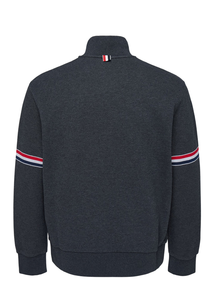 Thom Browne charcoal grey piqué funnel neck pullover with five-button placket, kangaroo pocket and red, white and blue striped sleeves - view 2