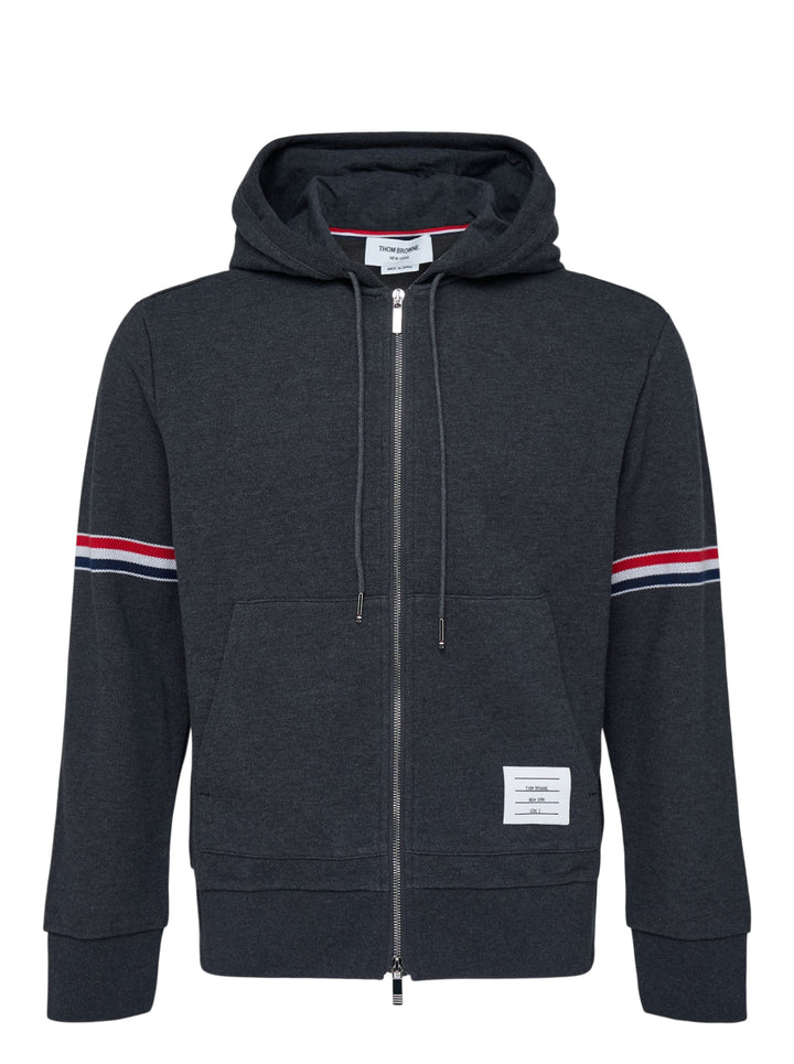 Thom Browne charcoal grey piqué zip-through hoodie with red, white and blue sleeve stripes and drawstring hood