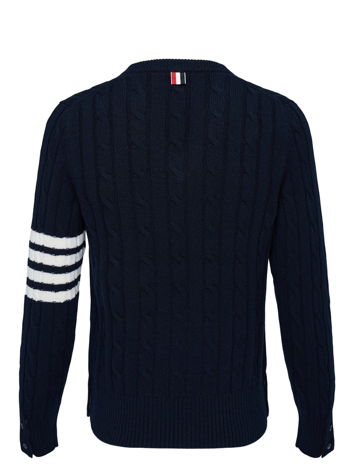 Thom Browne navy cable-knit relaxed fit V-neck sweater with white 4-bar stripe on the sleeve - view 2