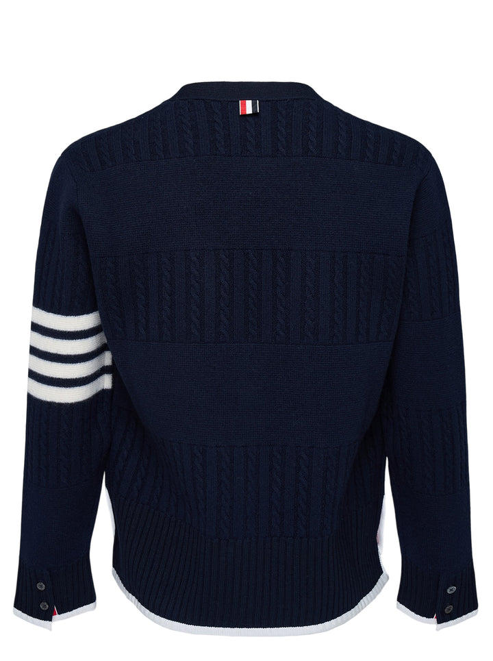 Thom Browne navy V-neck cardigan with cable and Milano stitch panels, white grosgrain trim and signature 4-bar stripe on the sleeve - view 2