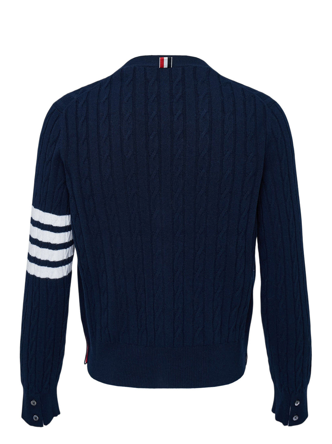Navy cable-knit V-neck cardigan with white 4-bar stripe on the sleeve, button front and two front pockets - view 2