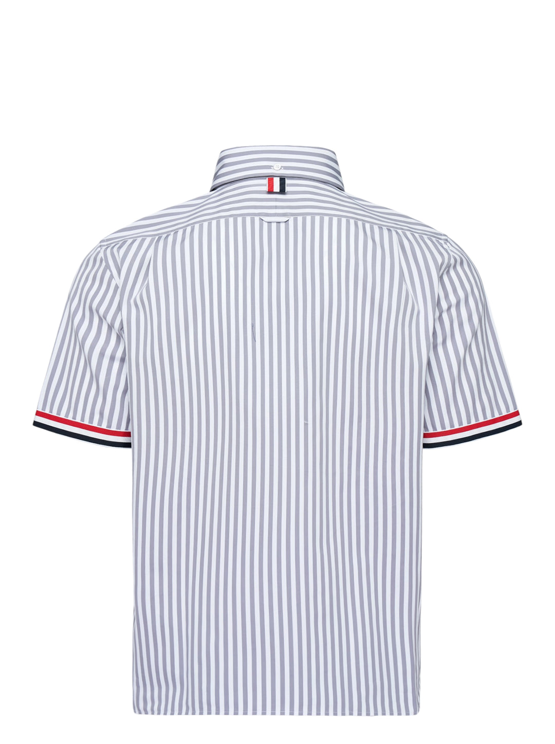 Thom Browne straight fit short sleeve button-down shirt in grey and white stripes with red, white and blue grosgrain sleeve trim and chest pocket - view 2