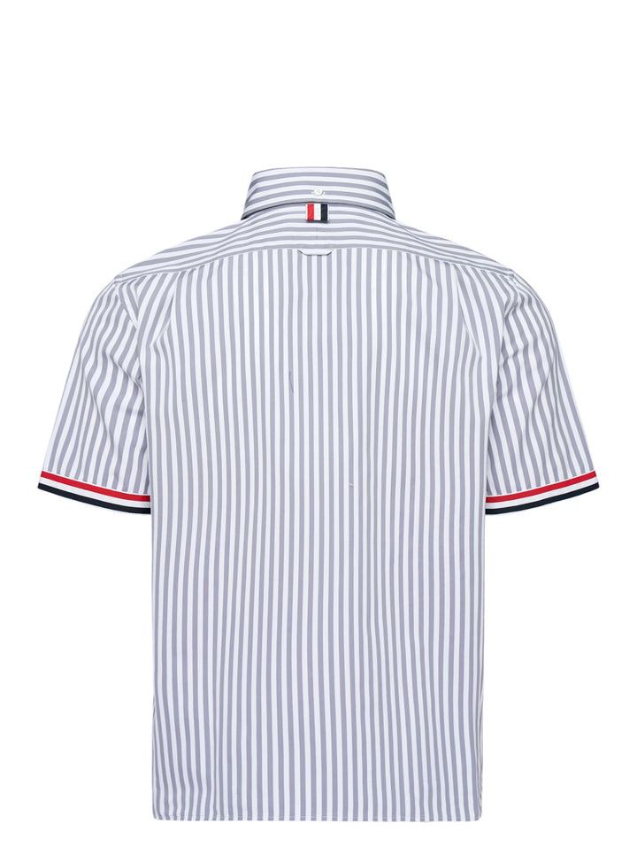 Thom Browne straight fit short sleeve button-down shirt in grey and white stripes with red, white and blue grosgrain sleeve trim and chest pocket - view 2
