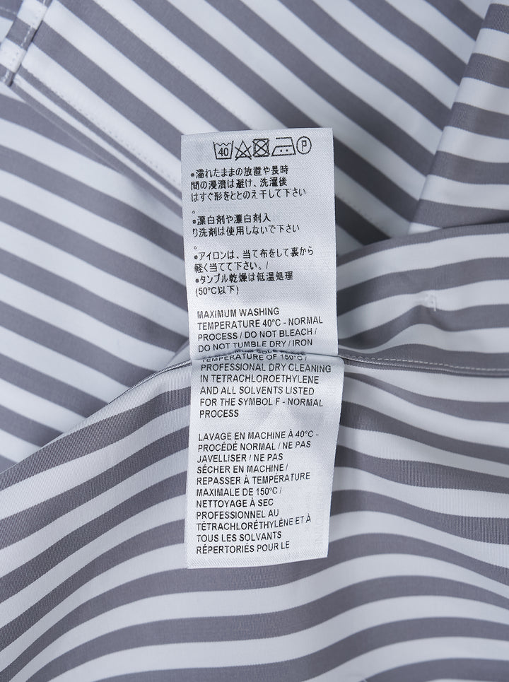 Thom Browne straight fit short sleeve button-down shirt in grey and white stripes with red, white and blue grosgrain sleeve trim and chest pocket - view 3