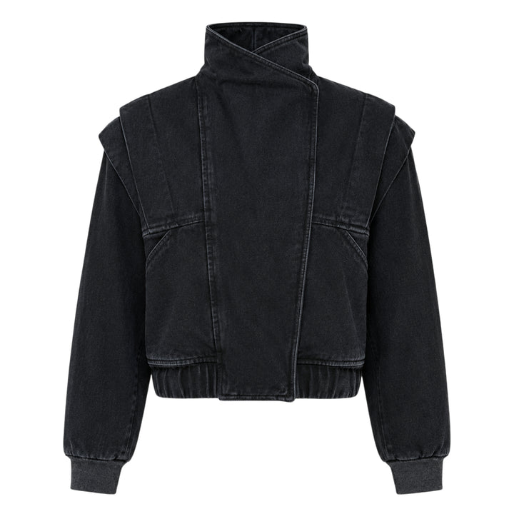 pushBUTTON Black Vintage Wash High-Neck Jacket — cropped black denim bomber with asymmetric crossover collar, padded shoulders, tonal seam panelling, and ribbed elasticated hem and cuffs