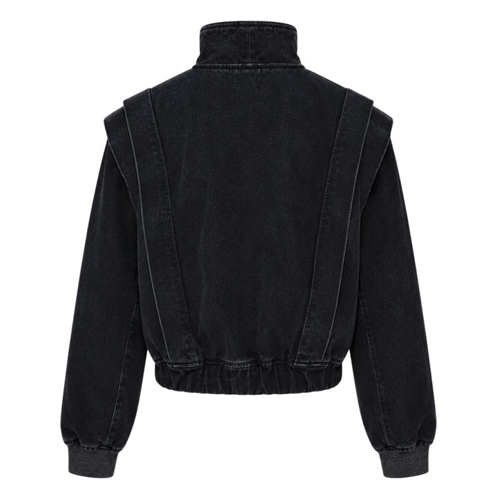 pushBUTTON Black Vintage Wash High-Neck Jacket — cropped black denim bomber with asymmetric crossover collar, padded shoulders, tonal seam panelling, and ribbed elasticated hem and cuffs - view 2