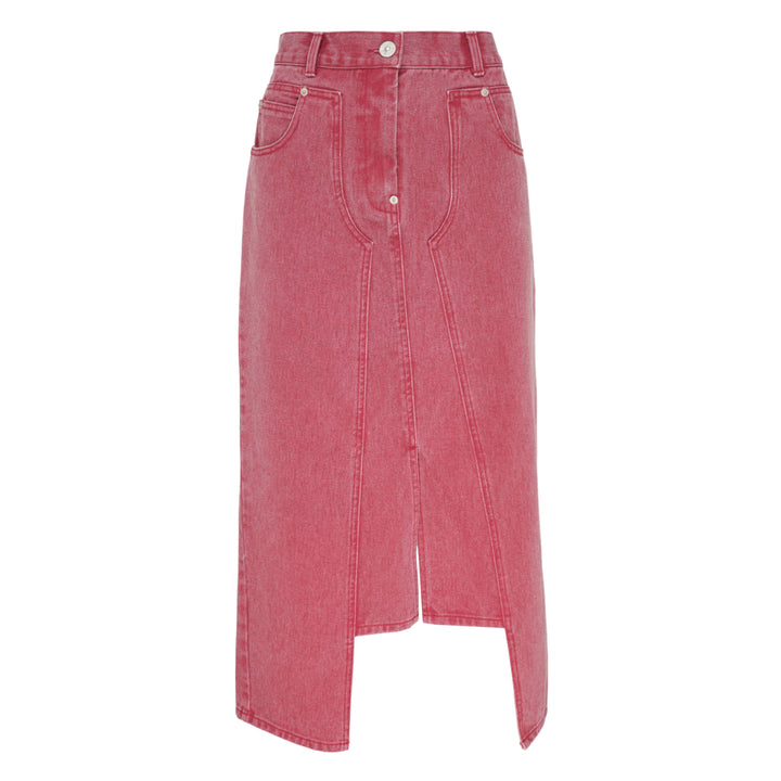pushBUTTON red acid-washed denim midi skirt with curved panel seaming, contrast stitching, front slit, and snap-button fly closure