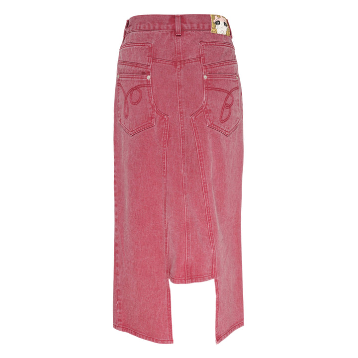 pushBUTTON red acid-washed denim midi skirt with curved panel seaming, contrast stitching, front slit, and snap-button fly closure - view 2