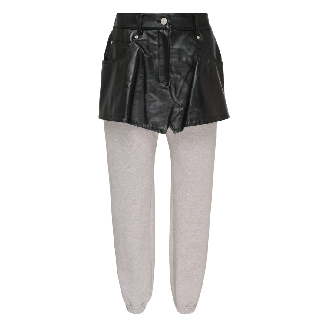 pushBUTTON black faux-leather mini skirt overlay layered over grey marl tapered sweatpants with elasticated cuffs and silver rivet hardware